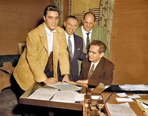 Nat Lefkowitz, Elvis, Colonel Parker and Harry Kalcheim William Morris Agency, 1740 Broadway, New York, NY - Tuesday, January 31, 1956.