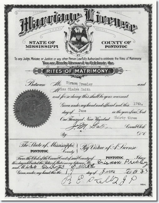 Vernon and Gladys Presley Marriage License.
