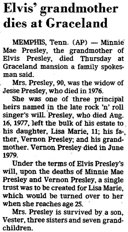 Original Newspaper report on the death of Minnie Mae Presley, Elvis' paternal grandmother.
