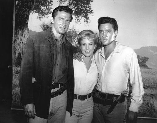Steve Forrest, Barbara Eden and Elvis Presley on the set of Flaming Star 1960.